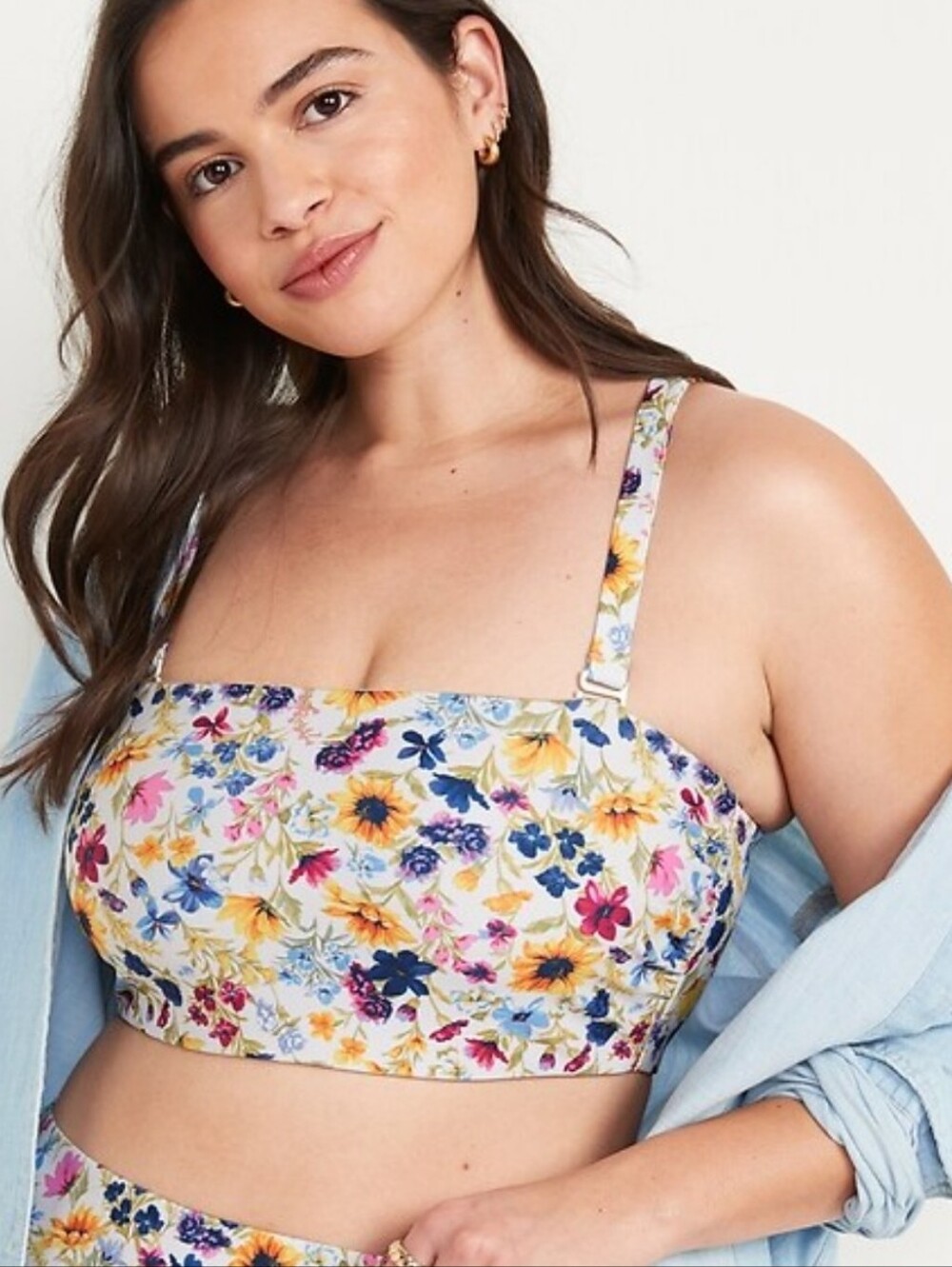 Square-Neck Floral Crop Swim Top in White with Multicolor Print Sz L NWT